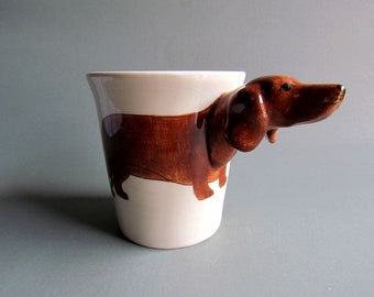 3D Animal Ceramic Porcelain Mug Cup Tea Coffee Drinkware Hand Painted Cup Animal Head Handle Glaze Collectible Mug Dachshund Dog Brown