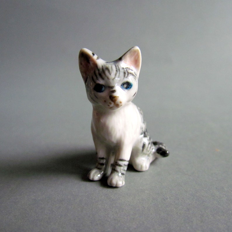 cat, Miniature Animal, cat Ceramic figurine, Ceramic cats, Decor, Collectible, Miniature cat, cat Lover gift, White Grey Gray image 3
