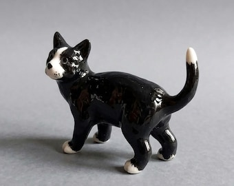 Handmade Ceramic Tuxedo Cat Figurine – Black and White Kitten Ornament