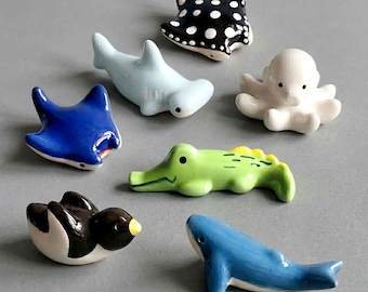 Handmade Mini Ceramic Figurine – Sea Creature Nautical Decor Sculpture Octopus Shark Whale Stingray and Crocodile