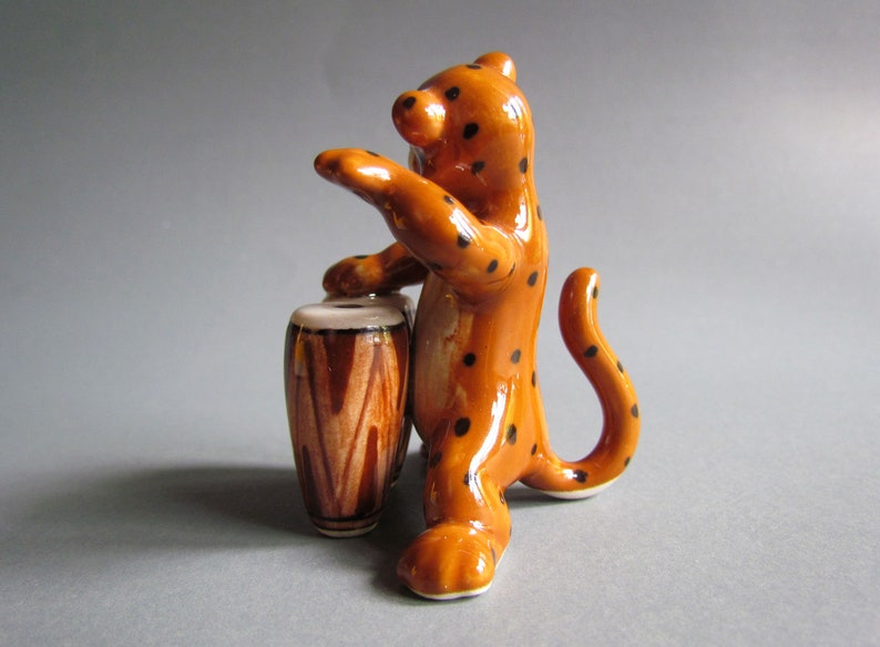 Tiger Playing Drum Musician Instrumentalist Little Animal Miniature Ceramic Figurine Statue Porcelain Figurine Collectible Decor Funny image 3