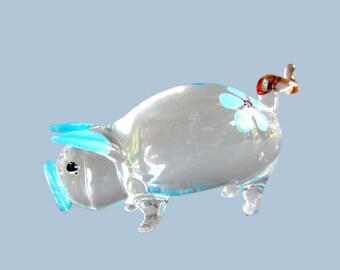 Pig Hand Blown Glass Animal Figurine Statue Collectible Gifts Figures Decor Mirco Sculptures Farm Countryside Piggy Blue Flower