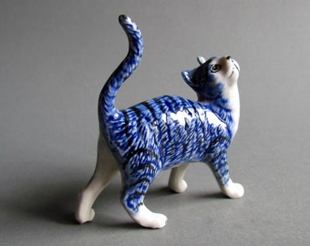 Miniature Cat Ceramic Figurine Small Animal Figurine Pet Kitty Collectible Gift Decor Indigo Blue Cat Porcelain Figures