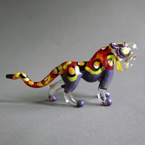Hand Blown Glass Figurine Miniature Animal Leopard Tiger Wild Collectible Gift Miniatures Figures Brown Purple Green Paint Décor Collectible