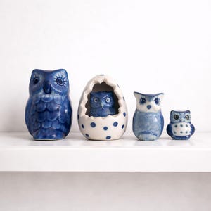 Miniature Blue and White Ceramic Owl Hatching from Polka Dot Egg Figurine