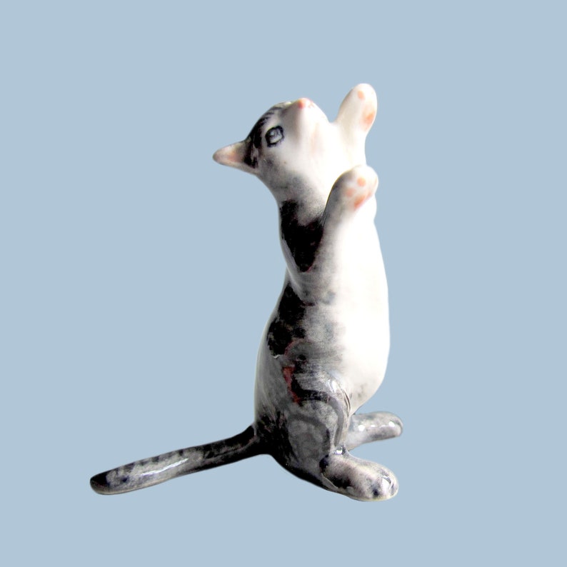 Miniature Ceramic Cat Animal Cute Little Tiny Small White Black blue Figurine Statue Decoration Hand Painted Collectible Gifts Standing Cat image 5