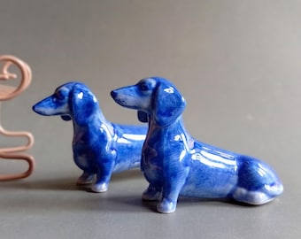 Blue Dachshund Dog Ceramic Porcelain Animal Figurine Small Pet Miniature Collectible Gift Decoration Sign Standing Sitting Statue Figures db
