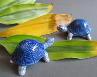 2 of Blue Turtles Ceramic Animal Figurine Tiny Miniature Porcelain StaueCoastal Tortoise Reptile Turtle