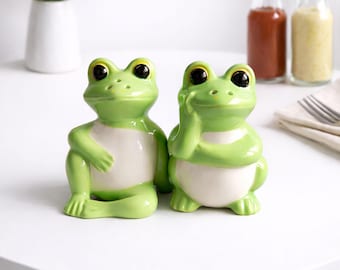 Salero y pimentero de cerámica con diseño de rana verde / Decoración de cocina estilo cottagecore
