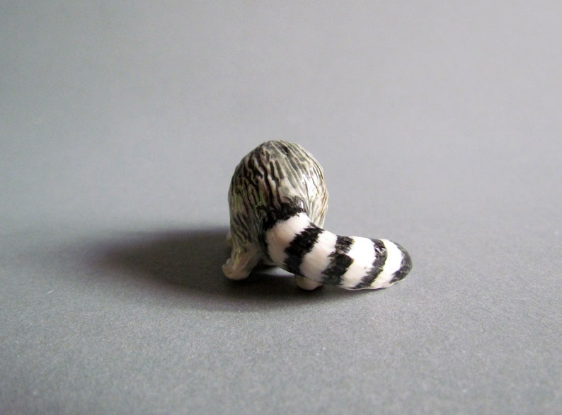Miniauture Raccoon Ceramic Porcelain Animal Figurine Collectible Decor Black White Grey Countryside Cute Little Tiny Small Statue Sculpture