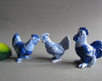 CHOOSE Miniature Animal Ceramic Figurine Little Tiny Chicken Porcelain Delft Blue Rooster Hen Collectible Gift Decor Farm Blue