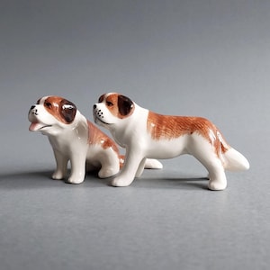 Dog Miniature Ceramic Animal Figurine Small Statue Collectible Dog Porcelain Gift Figures St. Bernard Dog Statuette Brown White