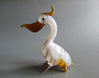 Hand Blown Glass Figurine Miniature Animal Pelican Bird White Brown 22k Gold Trim Statue Collectible Gift Decor Little Bird Maruno