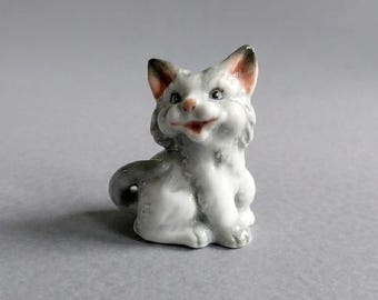Hand-Painted Gray Kitten Ceramic Figurine for Dollhouse Miniature Display and Collectible Cat Lovers