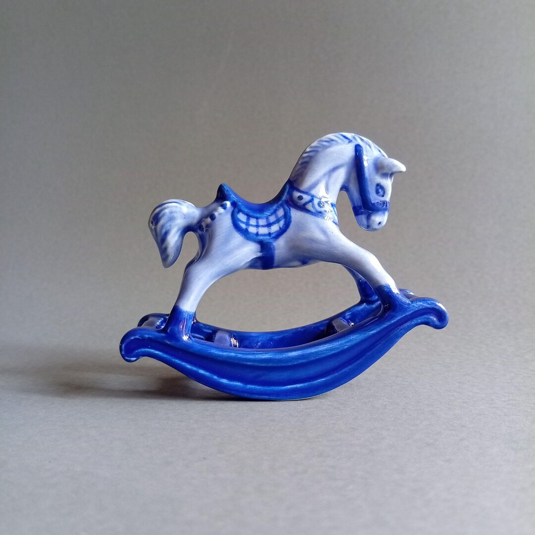 Delft Blue Rocking Horse Figurine | Hand-painted Ceramic Nursery Decor ...