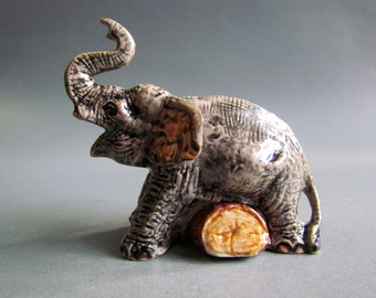 Elephant Ceramic Figurine Miniature Porcelain Animal Statue Collectible Home Decor Small Tiny Little Gifts Trunk Up Grey Wild