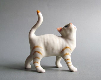 Miniature Cat Ceramic Figurine Small Animal Figurine Pet Kitty Collectible Gift Decor White Brown Cat Porcelain Figures
