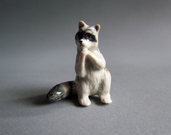 Miniauture Raccoon Ceramic Porcelain Animal Figurine Collectible Decor Black White Grey Countryside Cute Little Tiny Small Statue Sculpture