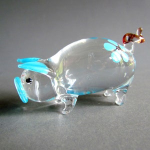 Pig Hand Blown Glass Animal Figurine Statue Collectible Gifts Figures Decor Mirco Sculptures Farm Countryside Piggy Blue Flower