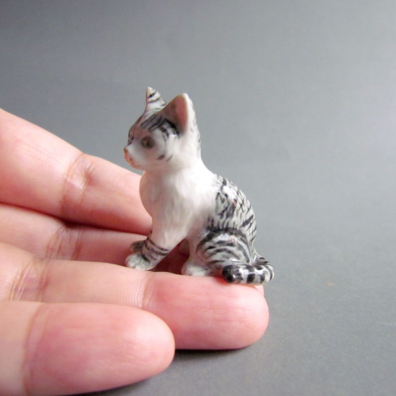cat, Miniature Animal, cat Ceramic figurine, Ceramic cats, Decor, Collectible, Miniature cat, cat Lover gift, White Grey Gray image 7