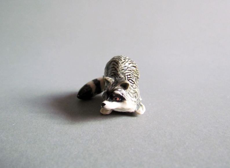 Miniauture Raccoon Ceramic Porcelain Animal Figurine Collectible Decor Black White Grey Countryside Cute Little Tiny Small Statue Sculpture