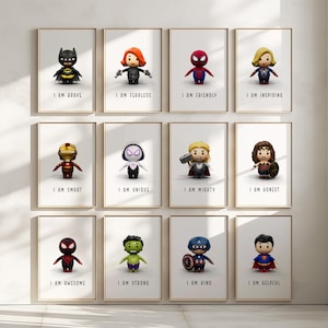 Pôsteres de super-heróis com arte de parede e afirmação | Conjunto completo de 12 impressões digitais positivas de heróis | Decoração energética para quarto, sala de jogos ou escritório em casa.