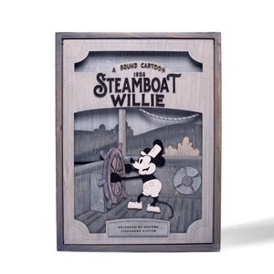 Steamboat Willie Wall Art Handcrafted 3D Wooden Wall Art Picture Frame Layered Art Gray Decor Grey Pop Culture Animated Cartoon Character