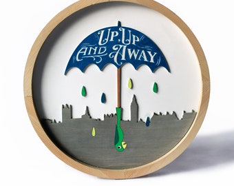 Mary Poppins Umbrella Handcrafted Wooden Wall Art Vintage Mary Poppins Wall Decor Nursery Decor Circle Framed Classic movie inspired gift