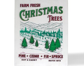 Letrero de madera con árboles de Navidad frescos de la granja - Arte rústico navideño para la pared