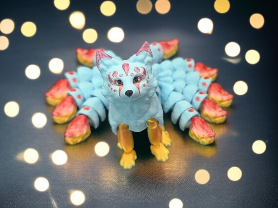 Mystical 9-Tailed Fox Figurine with Articulated Tails | Japanese Kitsune Decor | Mythical Fox Spirit Art Toy | Unique Gift for Collectors