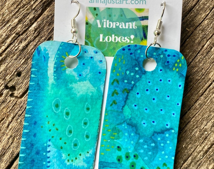 Hand-painted Statement Rectangle Earrings, Recycled Paper