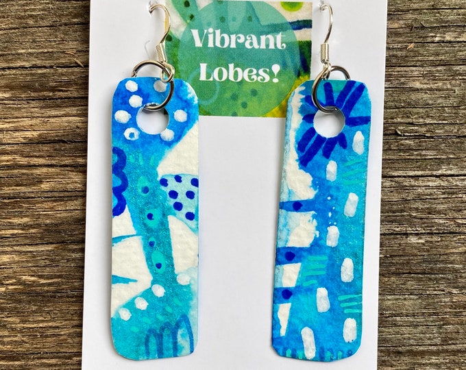 Recycled Paper Dangle Earrings in Blue