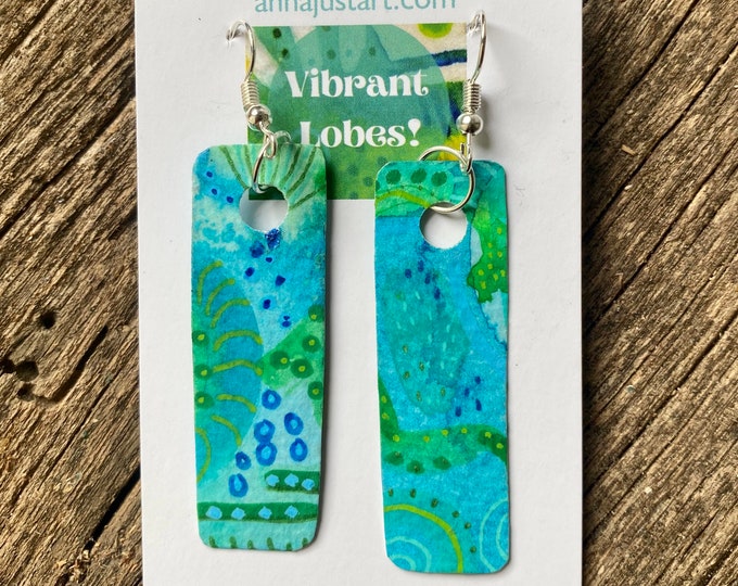 Turquoise Dangle Earrings, Hand-painted Recycled Paper