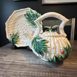 Vintage Fitz & Floyd Bamboo Garden Teapot Tray Set, Ladybug Bird Decor