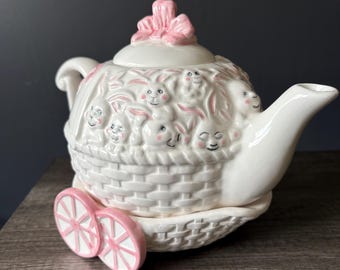 Vintage 1991 Cardinal Inc. Funpots Bunny Carriage Teapot - 3 Piece Rolling Stroller Tea Set - Hand Painted Ceramic Spring Decor