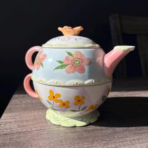 Vintage Avon Tea-for-One-Set, Cottagecore Floral Teekanne & Tasse, stapelbares Teeset