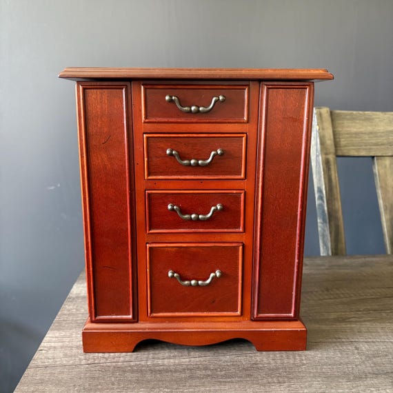 Bombay Co Mahogany Jewelry Armoire, Vintage Tabletop Wood Chest Organizer