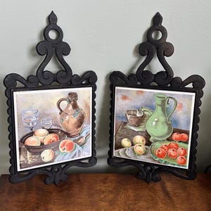 Vtg Enesco Cast Iron Trivets – Set of 2 Retro Ceramic Tile Hot Pads – Kitchen Wall Decor