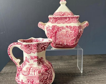 Vintage Mason’s Vista Ironstone Creamer & Sugar Bowl Set – Red Transferware England