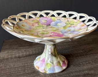 Vintage Skye McGhie "Morning Glory" 8” Reticulated Pedestal Cake Stand | Chintz Floral Pastry Plate