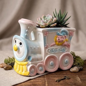 Vintage Relpo Ceramic Train Planter – Pastel Pink & Blue Anthropomorphic Nursery Decor, Whimsical Lion Mid-Century Planter