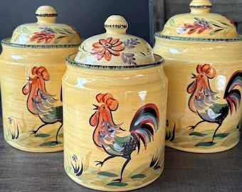 Vintage Well Equipped Kitchen Rooster Canister Set of 3 | Hand-Painted Ceramic Farmhouse Jars | Country Kitchen Decor
