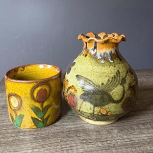 Vintage Studio Pottery Small Vase & Planter Set, Handmade Stoneware Floral Pottery, Rustic Boho Decor, 1970s Folk Art Ceramics