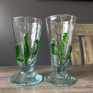 Set of 2 Handblown Cactus Glasses – Vintage Mexican Glassware – Green Cactus Stem Drinkware – Southwest Bar Decor