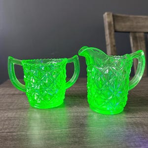 Uranium Glass Creamer & Double-handled Open Sugar Bowl Pair  – Imperial Diamond Glass Block Pattern , 1940s Depression Glass