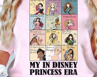 Retro In My Disney Princess Era Shirt Disney All Princess Quotes T-shirt Tiana Ariel Elsa Rapunzel Belle Jasmine Tee, Magic Kingdom