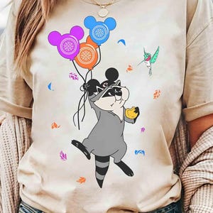 Cute Meeko Raccoon And Flit With Mickey Balloons T-shirt, Family Vacation 2025, Disney Pocahontas Characters Shirt, WDW Disneyland Girl Trip