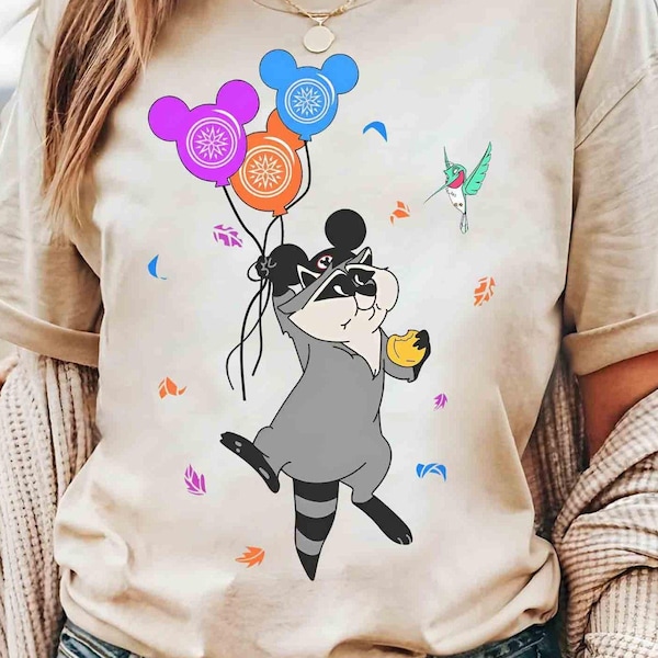 Cute Meeko Raccoon And Flit With Mickey Balloons T-shirt, Family Vacation 2026, Disney Pocahontas Characters Shirt, WDW Disneyland Girl Trip