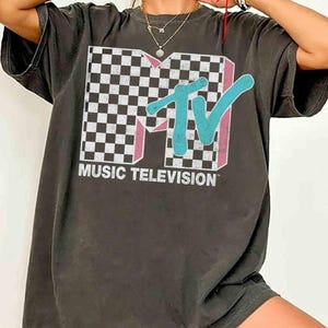 MTV Neon Distressed Checkered Logo Graphic Shirts, Vintage MTV Birthday Girl, Retro 80s & 90s MTV Wash Family Matching Tee