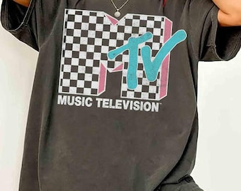 MTV Neon Distressed Checkered Logo Graphic Shirts, Vintage MTV Birthday Girl, Retro 80s & 90s MTV Wash Family Matching Tee